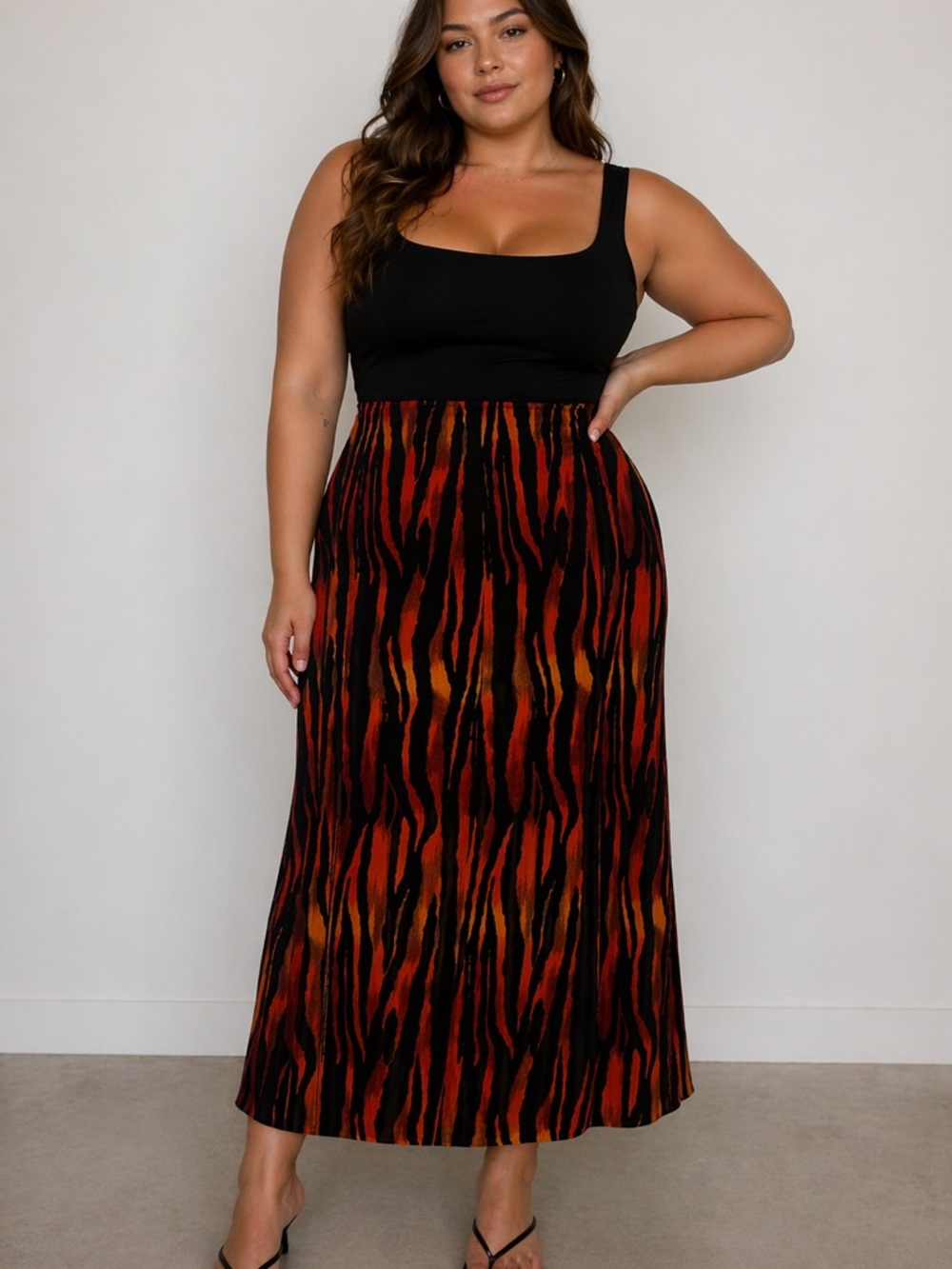 Y2K Fashion Bug Black Maxi Skirt with Black & Orange Tiger Stripe